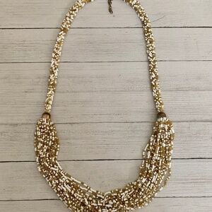 Gold White Seed Bead Multi Strand Necklace Glass Beads Accents Gold Tone Vintage